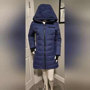 Orolay Womens Small Full Zip Hooded Puffer Down Coat Blue Slant Pocket Slim Fit